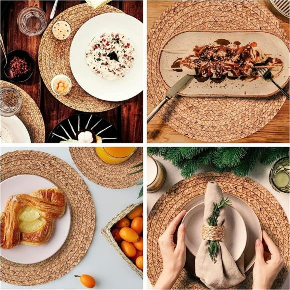 Round Woven Placemats -Set of 6, Straw Braided Rattan Placemats, 13.5 Inches - Picture 2 of 6
